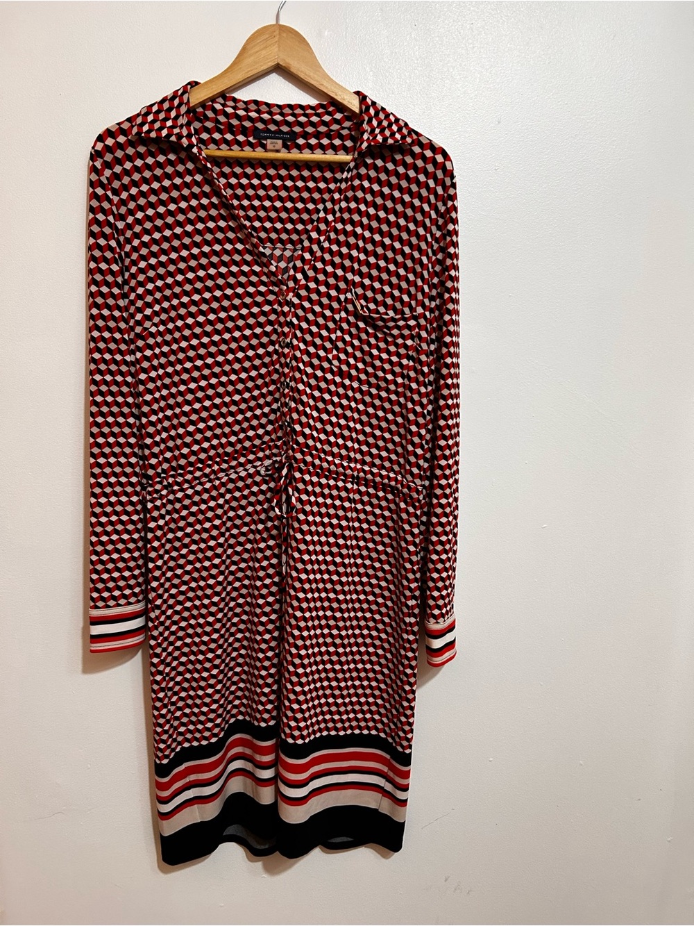 Tommy Hilfiger Red and Black Geometric Long Sleeve Dress